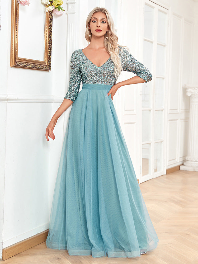 Fashion Elegant Prom Evening Dress V-Neck Women Party Gown Long Formal Evening Dress