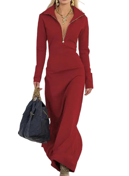 Slim Fit Long Dress Women Casual Long Sleeve Polo Collar Maxi Dress Zipper Polyester Fashion Dress