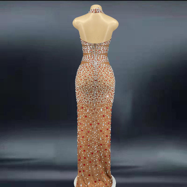 Glitter Rhinestone Prom Crystal Backless Dress Elegant Sleeveless Sequin Long Evening Dress for Women
