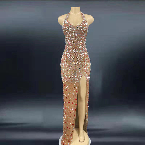 Glitter Rhinestone Prom Crystal Backless Dress Elegant Sleeveless Sequin Long Evening Dress for Women