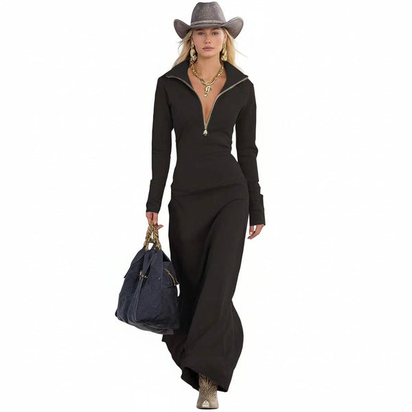Slim Fit Long Dress Women Casual Long Sleeve Polo Collar Maxi Dress Zipper Polyester Fashion Dress