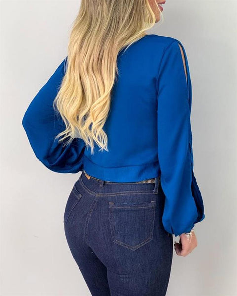 Tie Front Cut Out Top for Women Lace-Up Long Sleeve Street Style Round Neck Fashion Blouse
