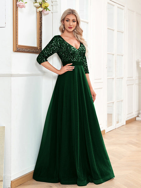 Fashion Elegant Prom Evening Dress V-Neck Women Party Gown Long Formal Evening Dress