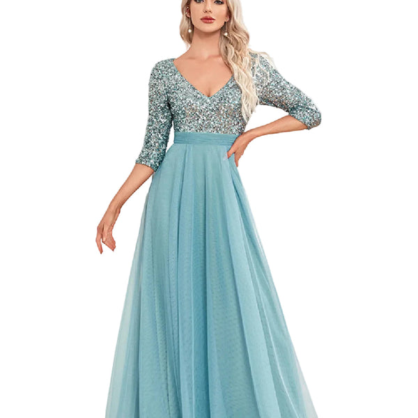 Fashion Elegant Prom Evening Dress V-Neck Women Party Gown Long Formal Evening Dress