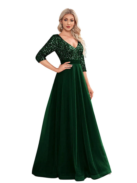 Fashion Elegant Prom Evening Dress V-Neck Women Party Gown Long Formal Evening Dress