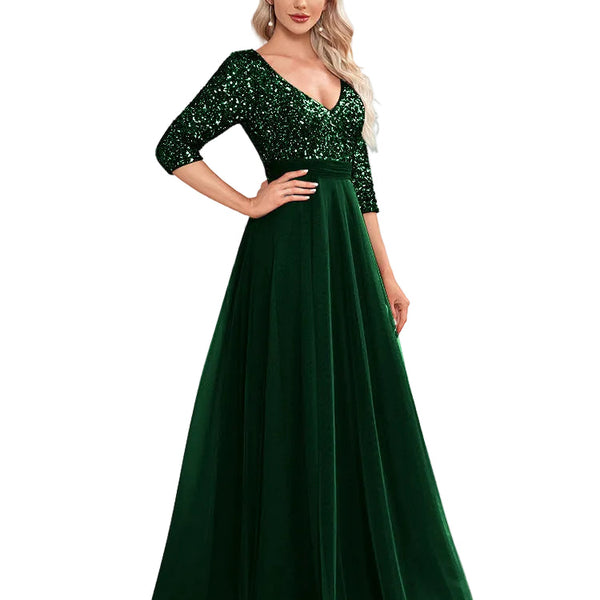 Fashion Elegant Prom Evening Dress V-Neck Women Party Gown Long Formal Evening Dress