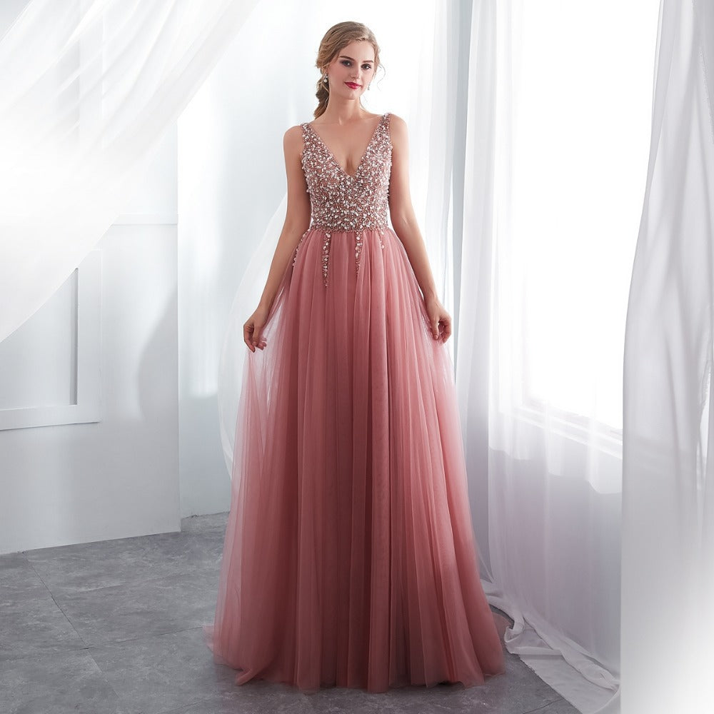 Elegant Prom Dress for Women V Neck Sleeveless Floor Length Evening Gown Empire Waist Formal Dress