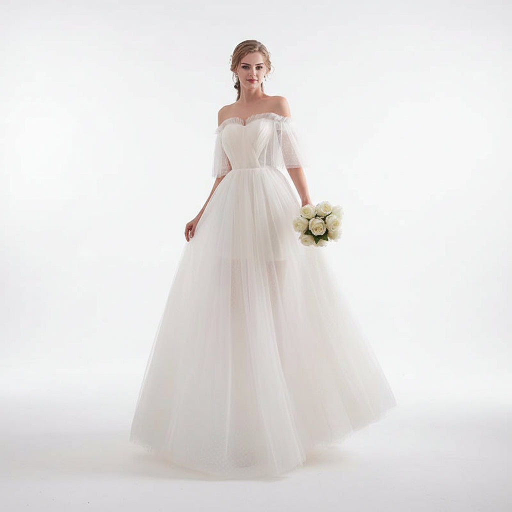 White Off Shoulder Elegant Prom Dress Mesh Wedding Party Dress for Women Off White Formal Gown