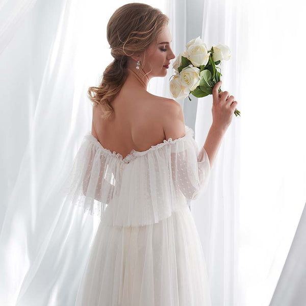 White Off Shoulder Elegant Prom Dress Mesh Wedding Party Dress for Women Off White Formal Gown