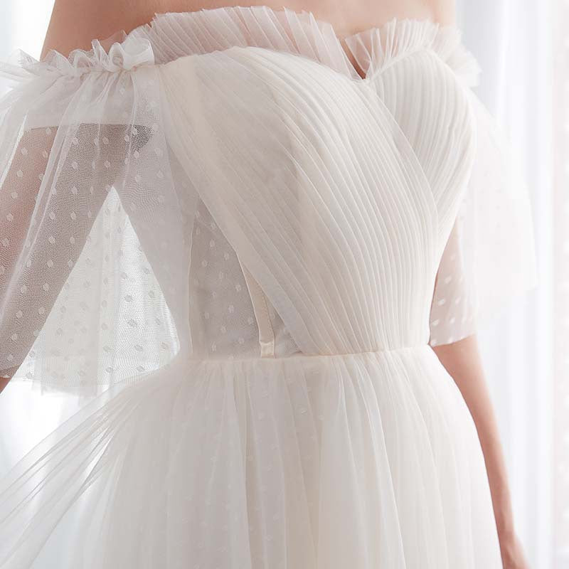White Off Shoulder Elegant Prom Dress Mesh Wedding Party Dress for Women Off White Formal Gown