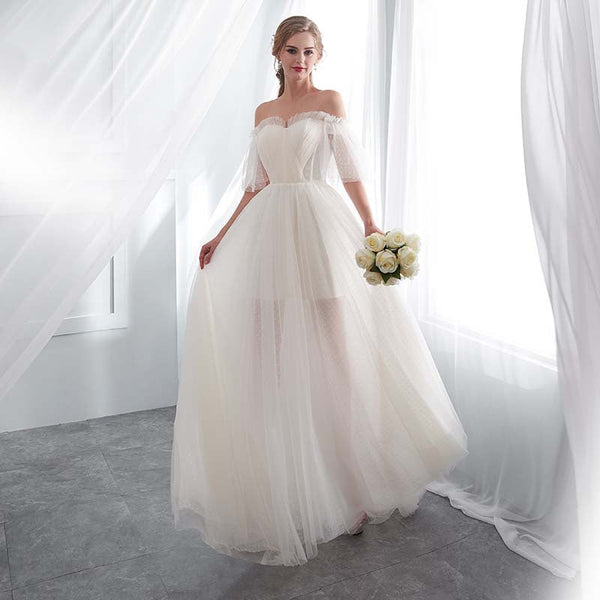 White Off Shoulder Elegant Prom Dress Mesh Wedding Party Dress for Women Off White Formal Gown