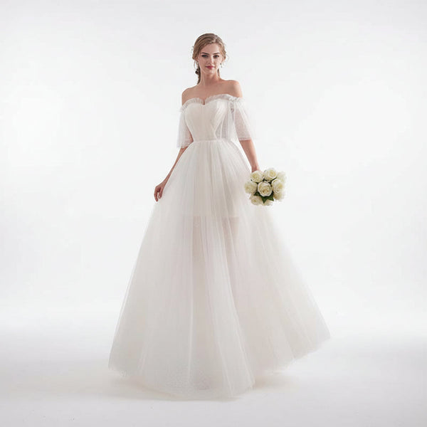 White Off Shoulder Elegant Prom Dress Mesh Wedding Party Dress for Women Off White Formal Gown