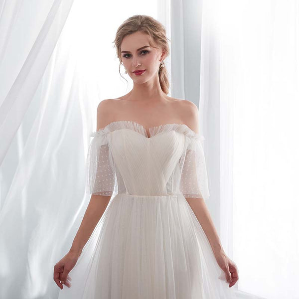 White Off Shoulder Elegant Prom Dress Mesh Wedding Party Dress for Women Off White Formal Gown