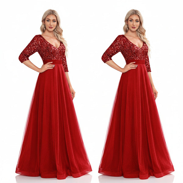Fashion Elegant Prom Evening Dress V-Neck Women Party Gown Long Formal Evening Dress