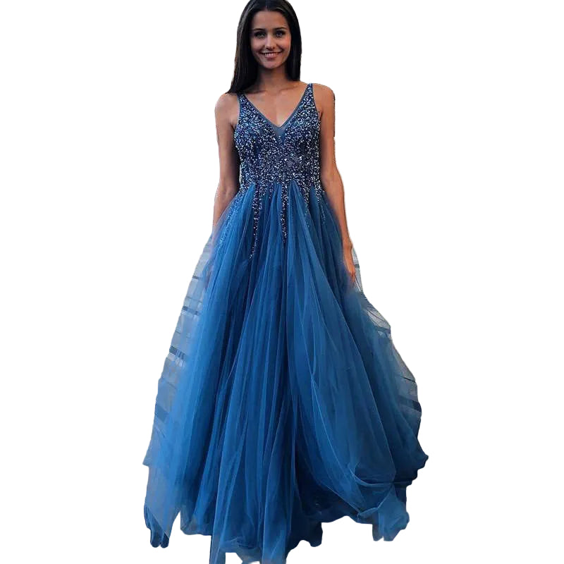 Elegant Prom Dress for Women V Neck Sleeveless Floor Length Evening Gown Empire Waist Formal Dress