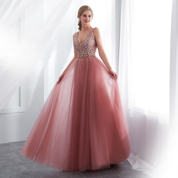 Elegant Prom Dress for Women V Neck Sleeveless Floor Length Evening Gown Empire Waist Formal Dress